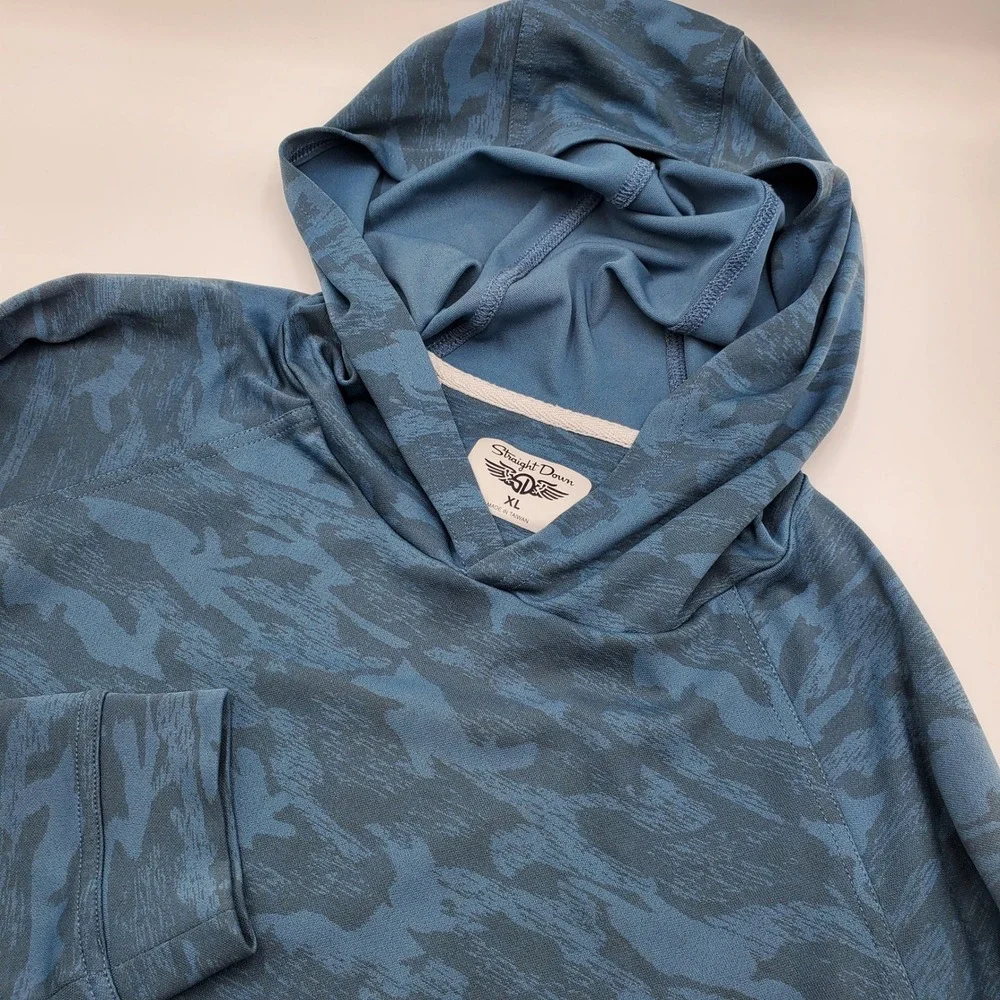 Straight Down Mens XL Blue Camo Performance Hoodie Pullover Zip Pocket Active